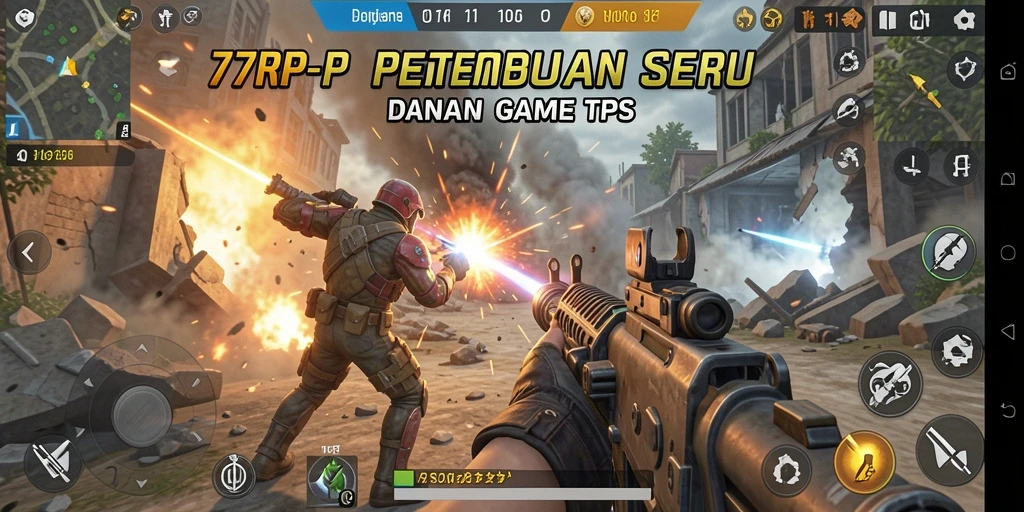 Screenshot gameplay 77RP menampilkan pertempuran intens di lingkungan yang dinamis.