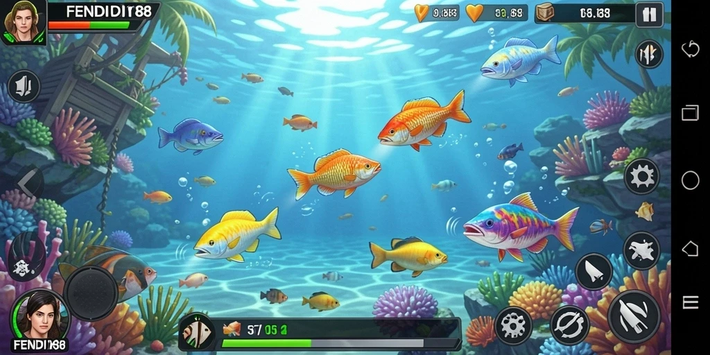 Tampilan gameplay FENDI188 saat menangkap ikan di lautan.