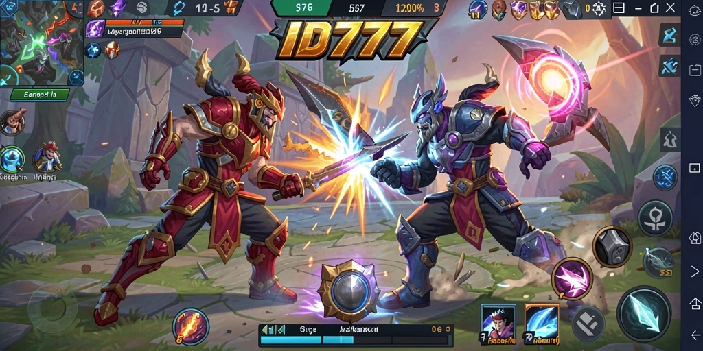 Tangkapan layar menampilkan aksi pertempuran intens dalam gameplay MOBA ID777.