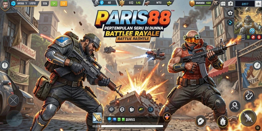 Screenshot utama menunjukkan aksi pertempuran intens dalam game Battle Royale.