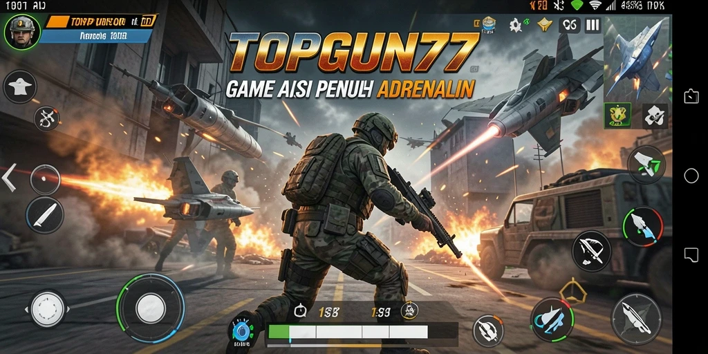 Tangkapan layar menunjukkan gameplay aksi cepat di TOPGUN77.