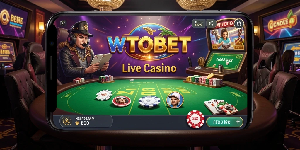 Screenshot utama WTOBET yang menampilkan gameplay Live Casino yang menarik.